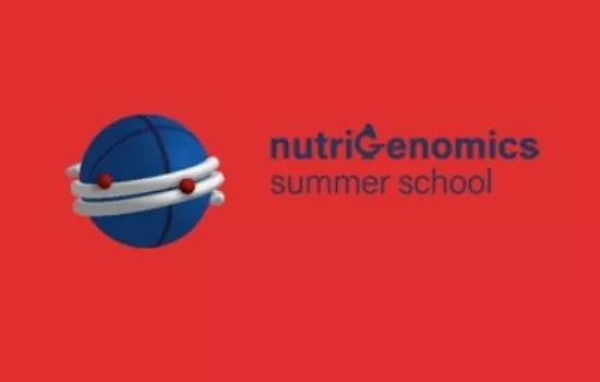 Nutrigenomics summer school logo Nutrigenomics summer school con pianeta blu con anelli bianchi e punti rossi