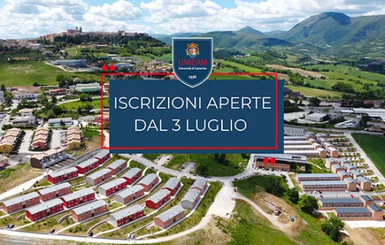 Iscrizioni aperte ad Unicam Foto del campus di Camerino dall'alto con la scritta Iscrizioni aperte ad Unicam